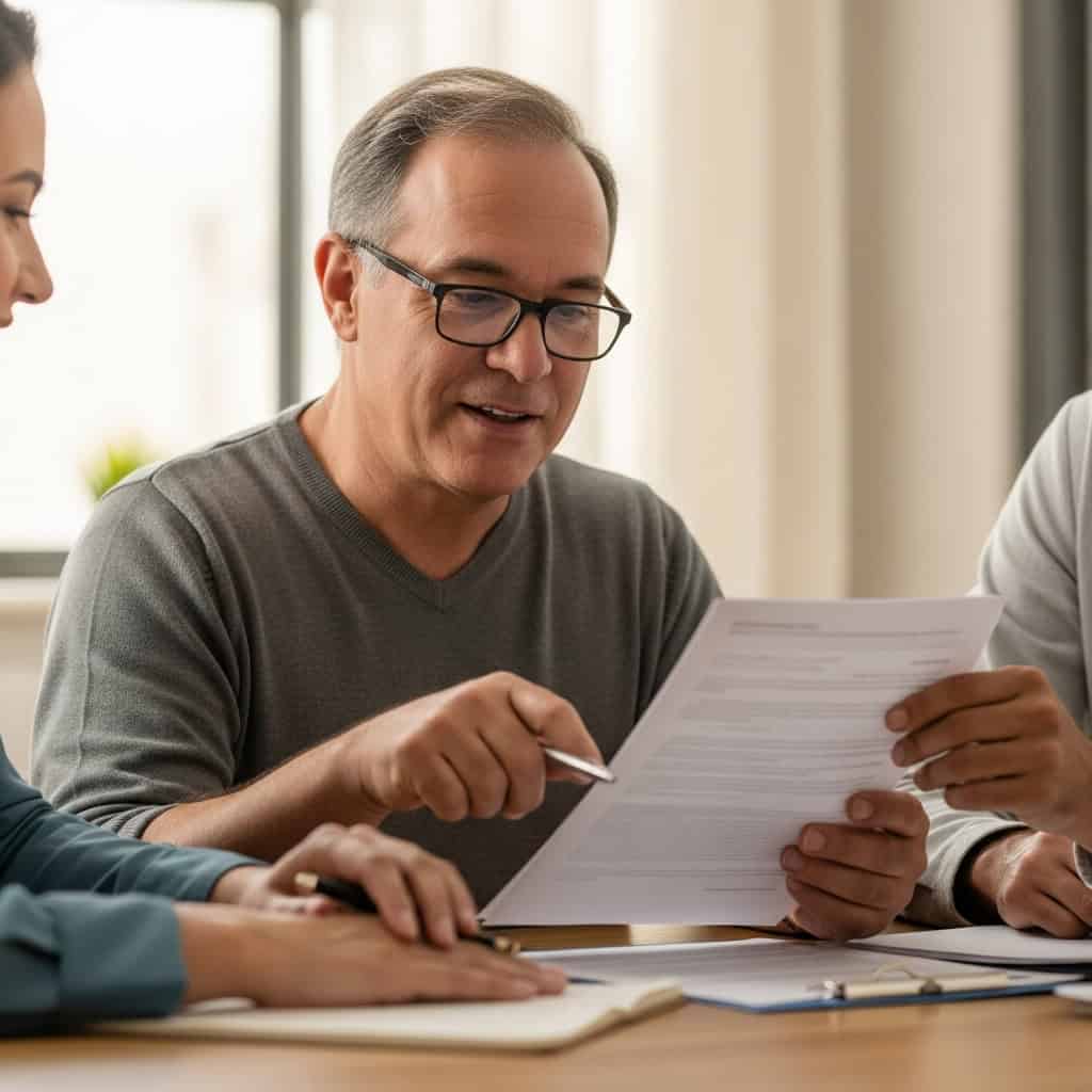 Imagem de uma profissional de saúde conversando com paciente, discutindo documentos clínicos em ambiente hospitalar.