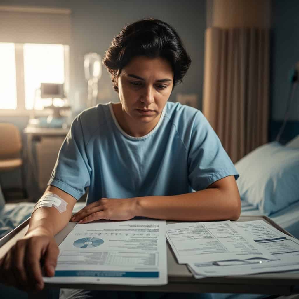 Imagem de uma profissional de saúde conversando com paciente, discutindo documentos clínicos em ambiente hospitalar.