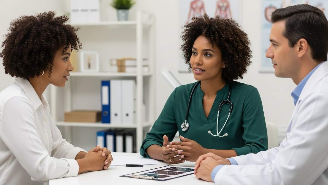 Imagem de profissionais de saúde em discussão clínica sobre tratamentos inovadores com ozônio e terapia Tommasi.