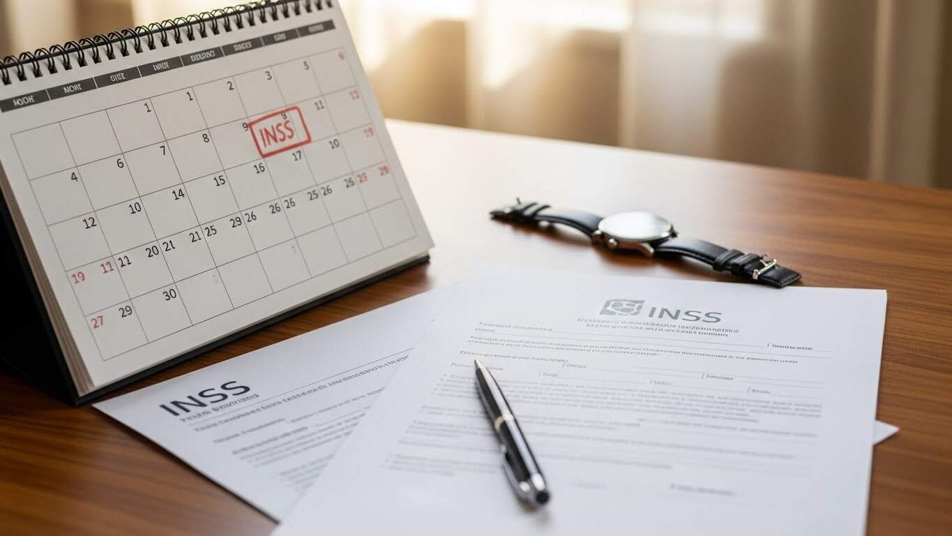 Calendário do INSS com data importante marcada e documentos relacionados ao INSS.