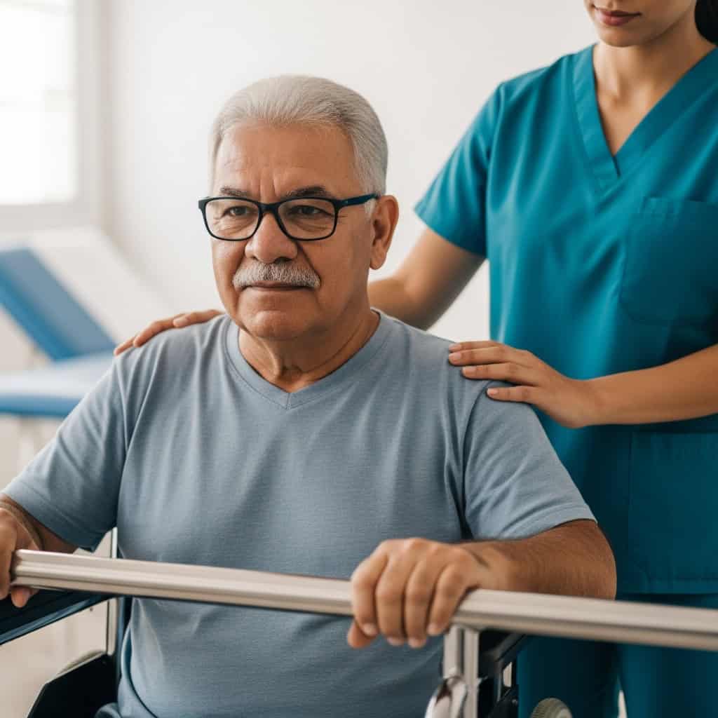Imagem de uma profissional de saúde conversando com paciente, discutindo documentos clínicos em ambiente hospitalar.