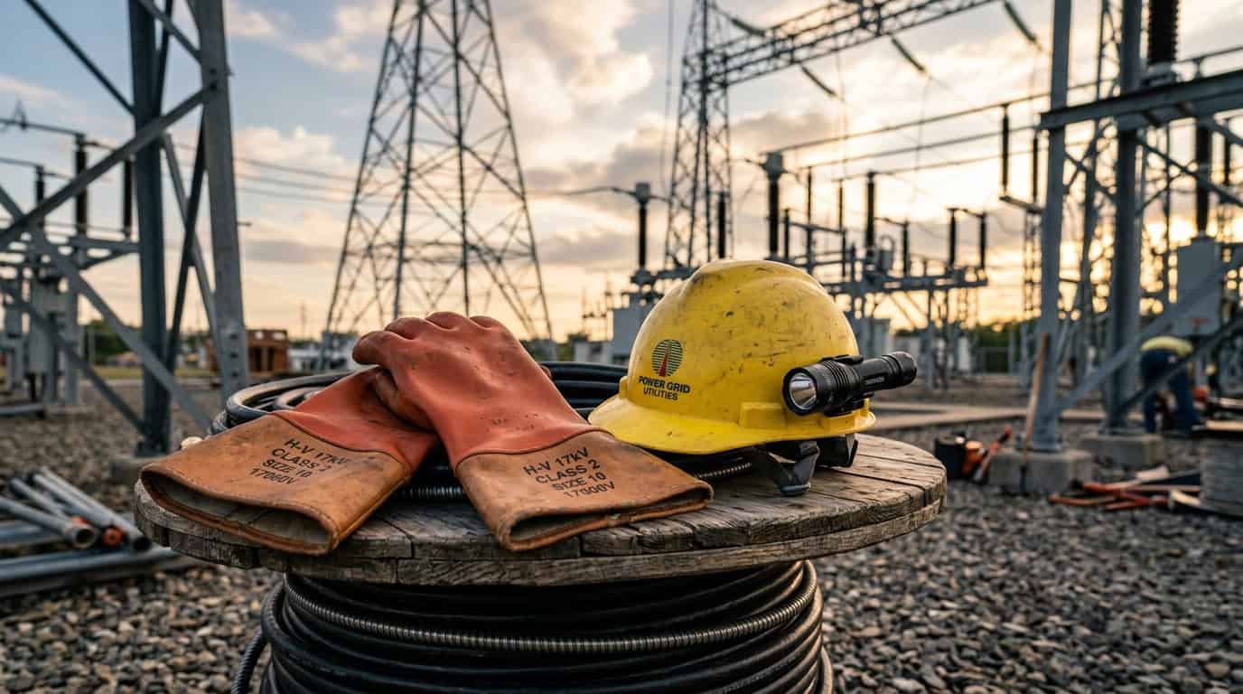 Óculos, capacete e luvas de proteção em ambiente de alta tensão elétrica.