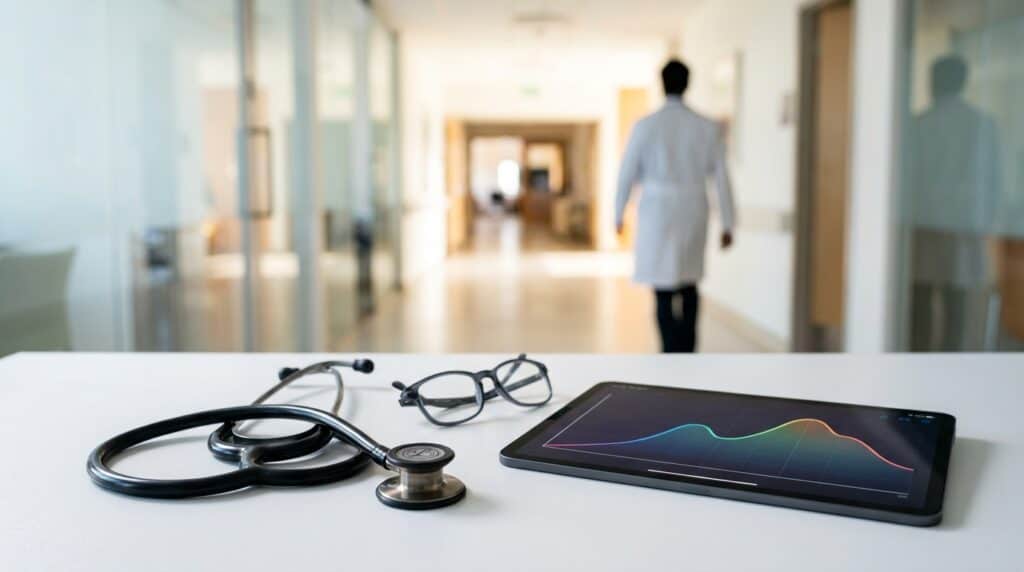 Imagem de equipamentos médicos e tablet em ambiente hospitalar.