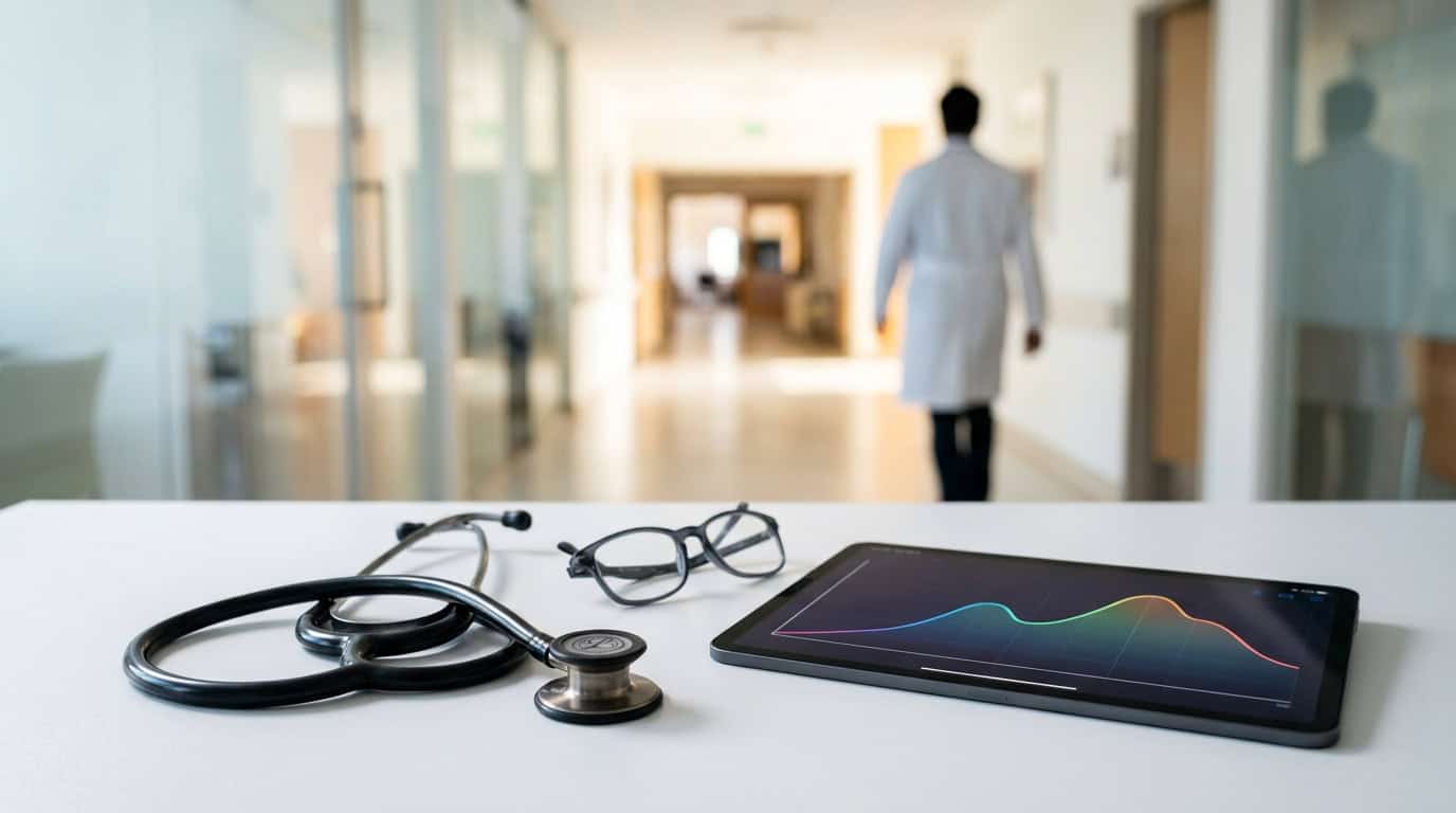 Imagem de equipamentos médicos e tablet em ambiente hospitalar.
