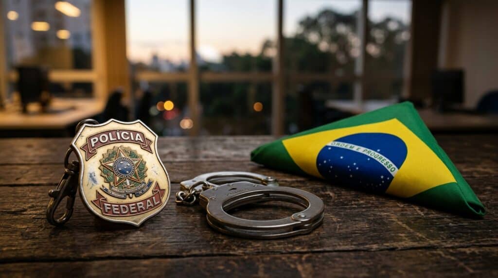 Alguema, badge da Polícia Federal e bandeira do Brasil em destaque.