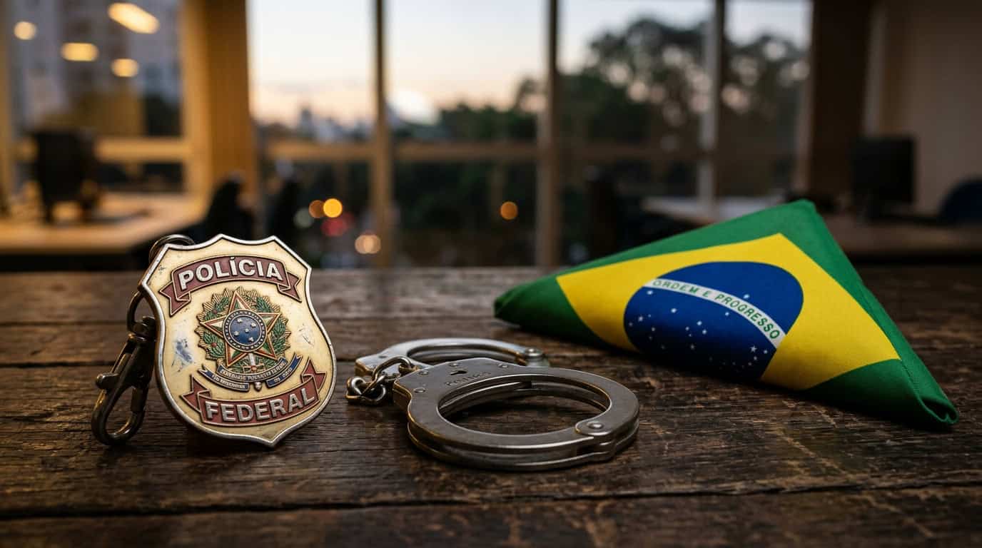 Alguema, badge da Polícia Federal e bandeira do Brasil em destaque.