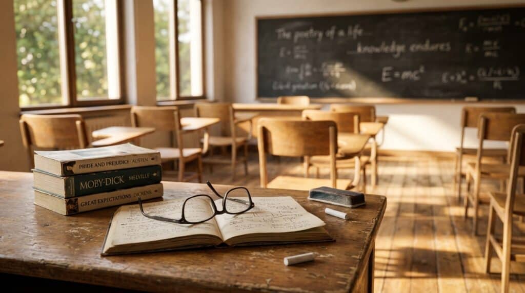 Sala de aula com livros, óculos e quadro negro, relacionada à aposentadoria de professores.