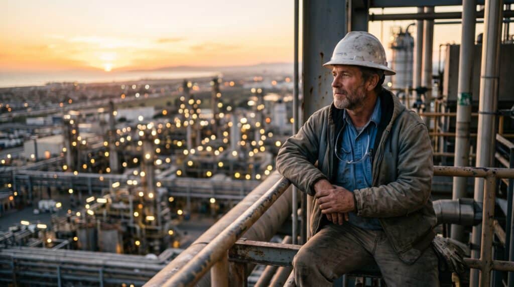 Homem trabalhador na indústria petroquímica ao entardecer.