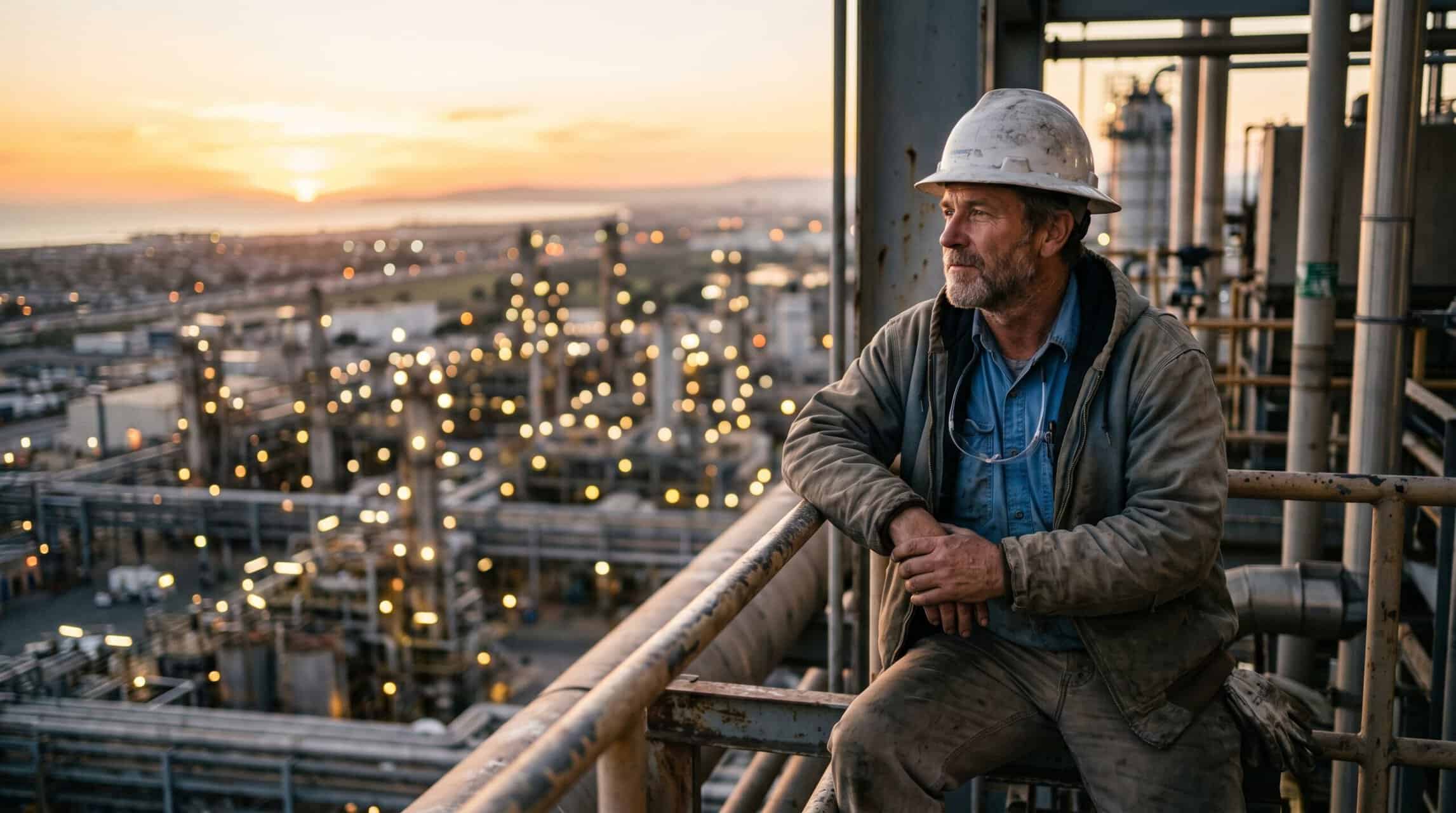 Homem trabalhador na indústria petroquímica ao entardecer.
