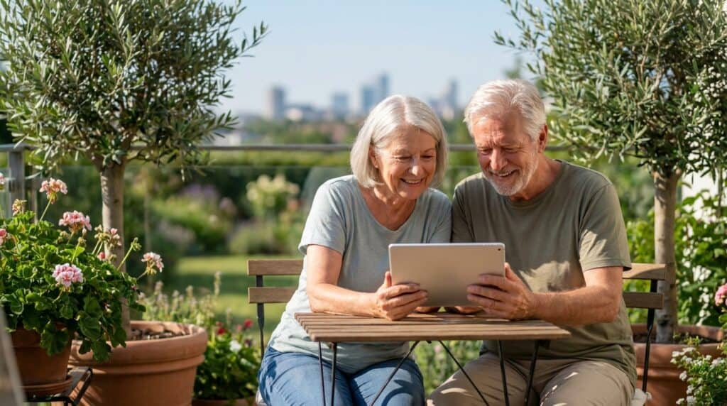 Imagem de idosos sorrindo usando tablet ao ar livre.