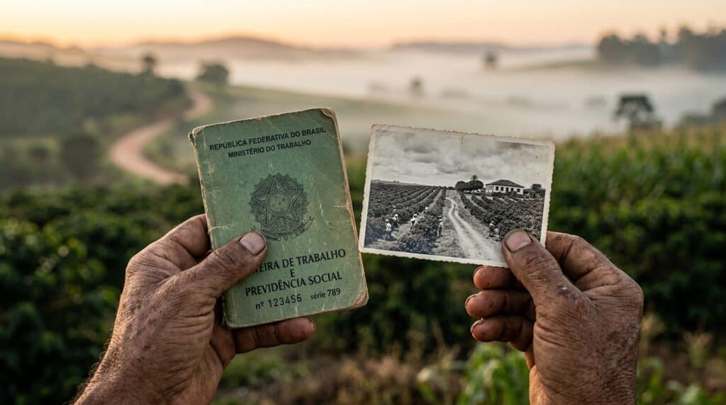 Imagem de mãos segurando documentos rurais com cenário de fazenda ao fundo.