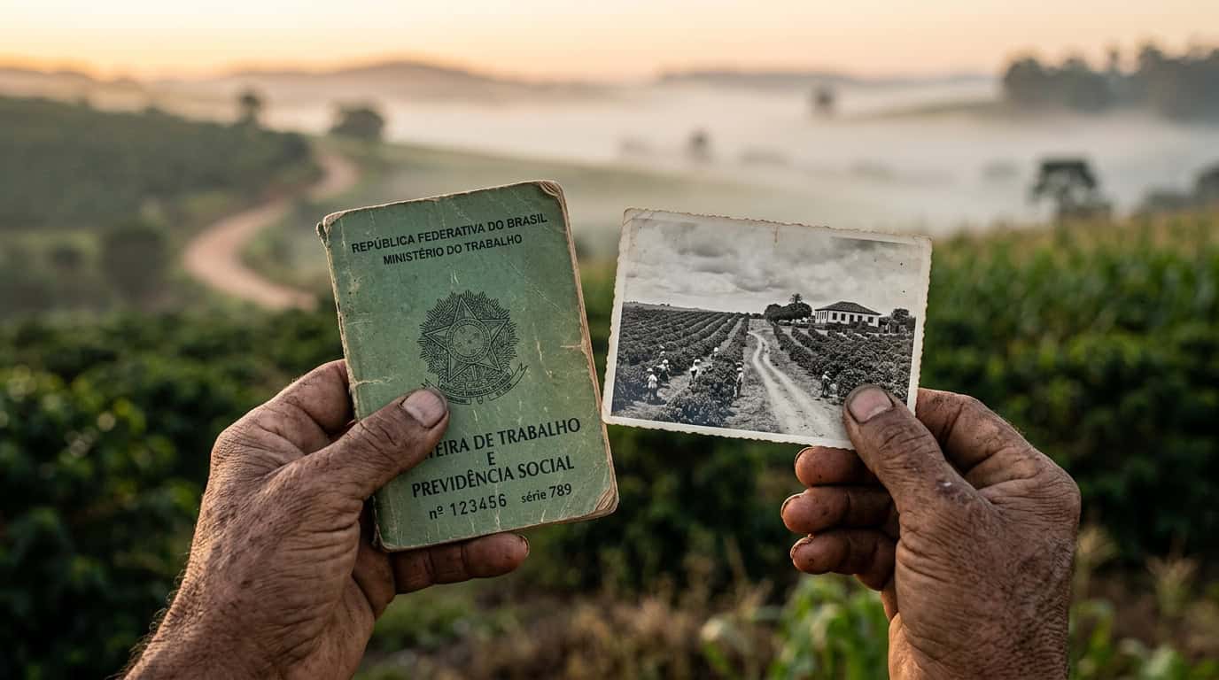 Averbação de Tempo Rural Imagem de mãos segurando documentos rurais com cenário de fazenda ao fundo.