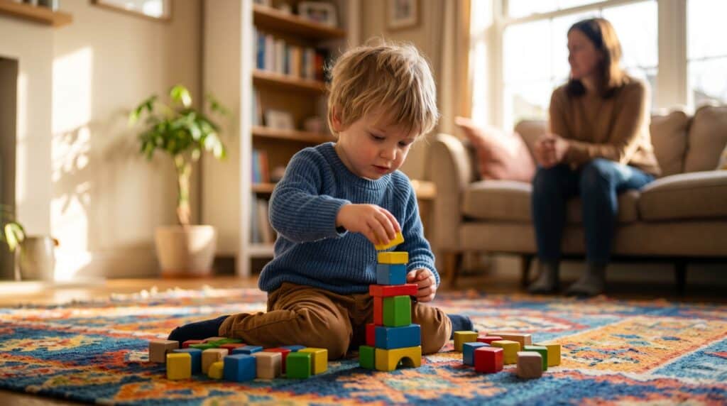 Imagem de uma criança brincando com blocos de montar em casa, com uma mulher ao fundo, representando.
