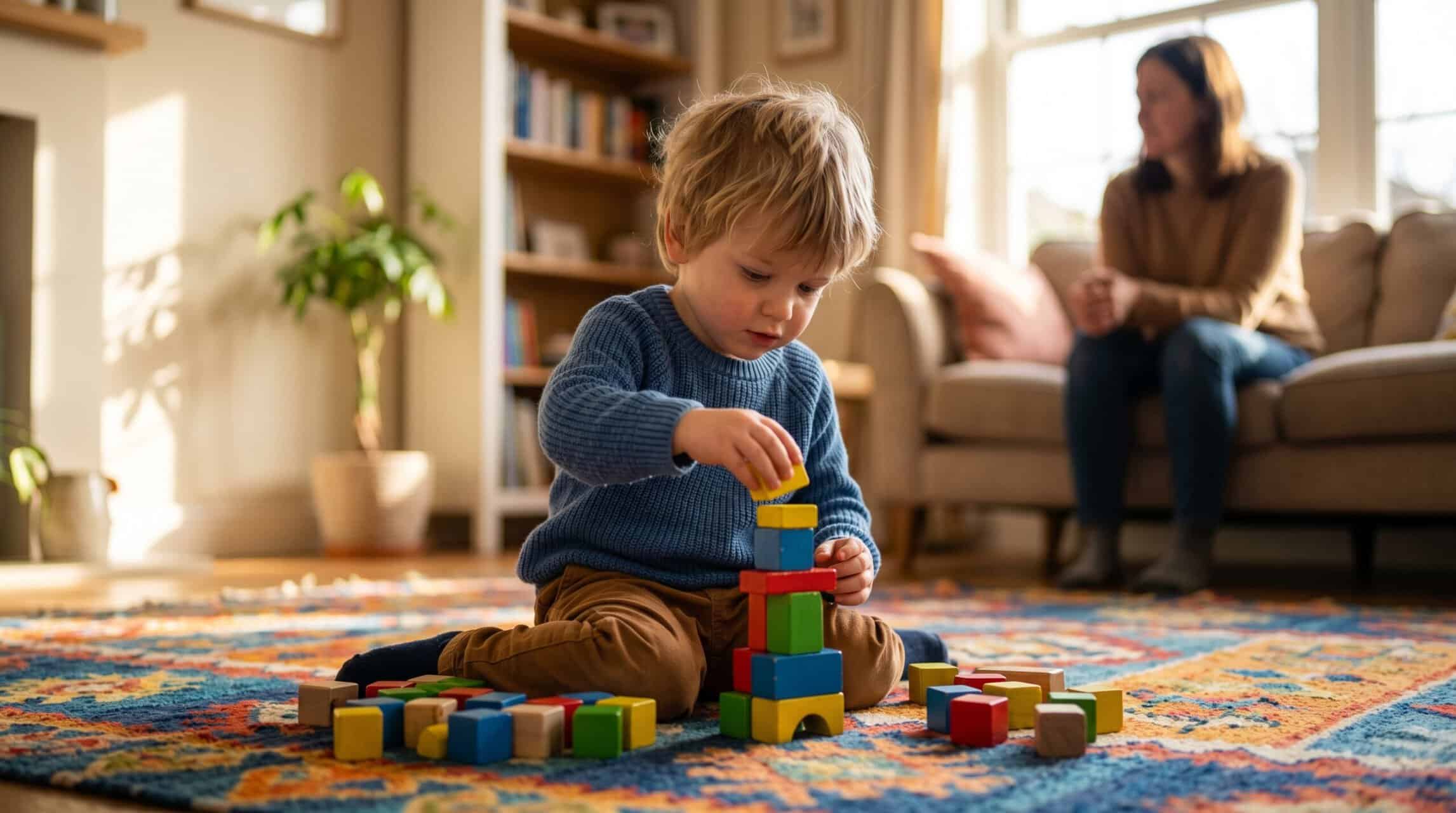 Imagem de uma criança brincando com blocos de montar em casa, com uma mulher ao fundo, representando.