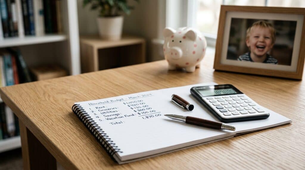Cálculo de pensão alimentícia com documentos e calculadora.