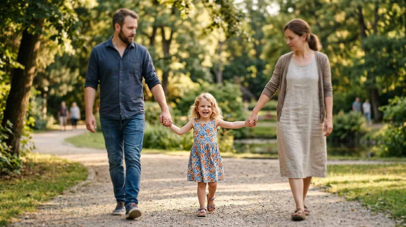 Família de pais separados caminhando com filha no parque, simbolizando guarda compartilhada.