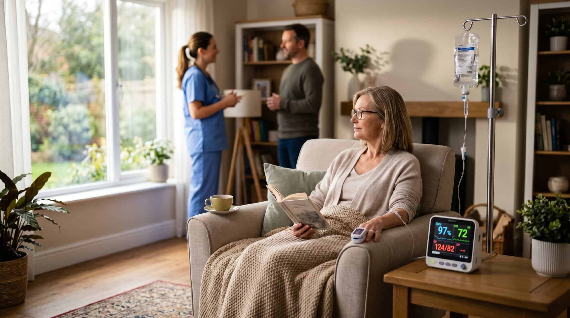 Paciente em casa recebendo cuidados médicos e monitoramento de sinais vitais.