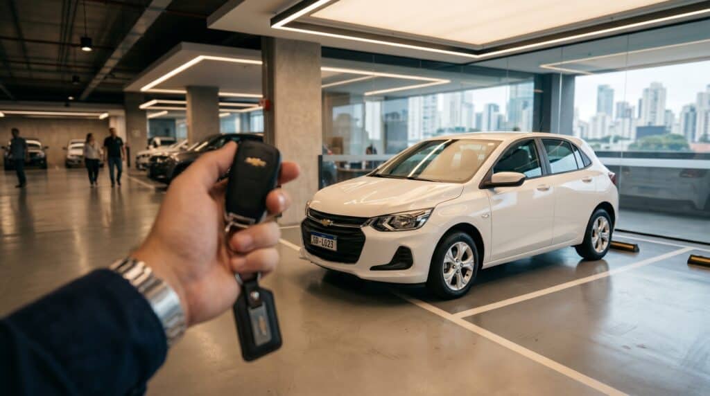 Chave do carro sendo apresentada em showroom moderno com veículos novos ao fundo.