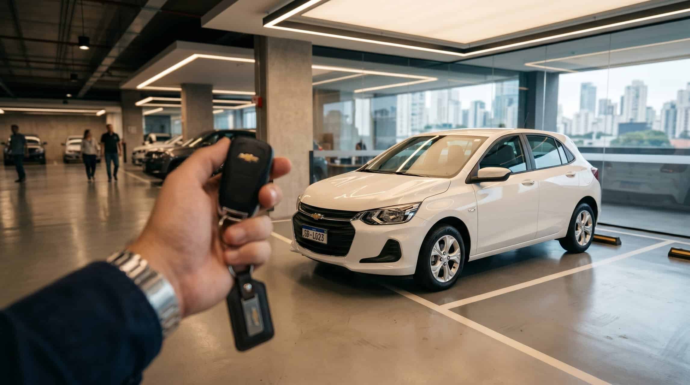 Chave do carro sendo apresentada em showroom moderno com veículos novos ao fundo.