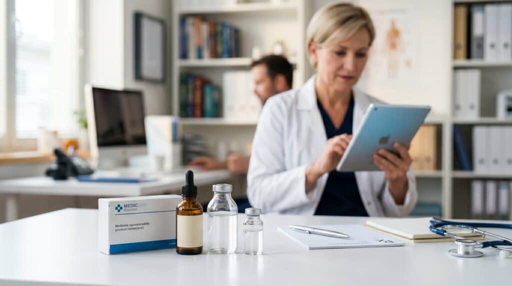 Imagem de profissionais de saúde analisando medicamentos de alto custo em consultório.