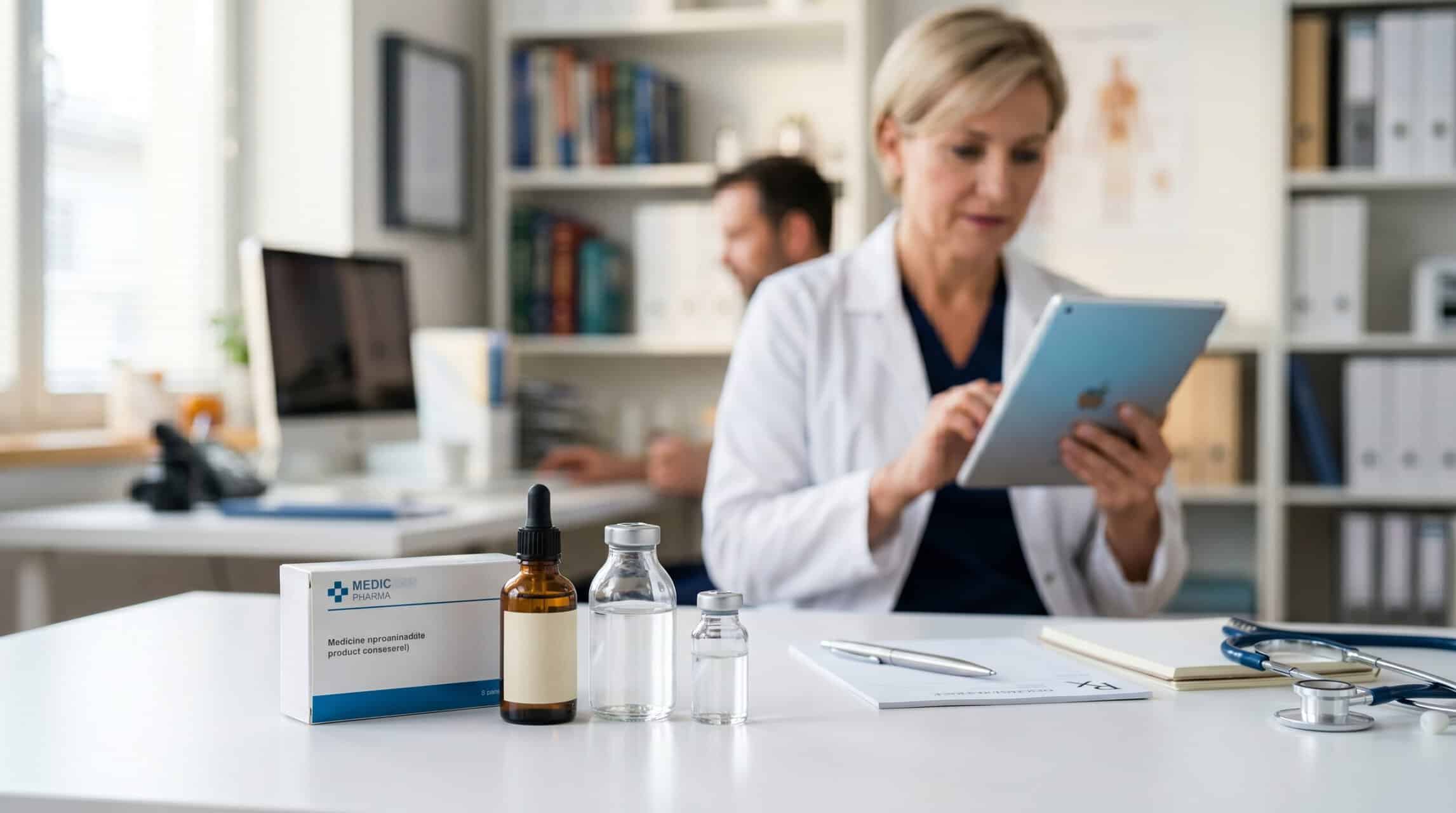 Imagem de profissionais de saúde analisando medicamentos de alto custo em consultório.