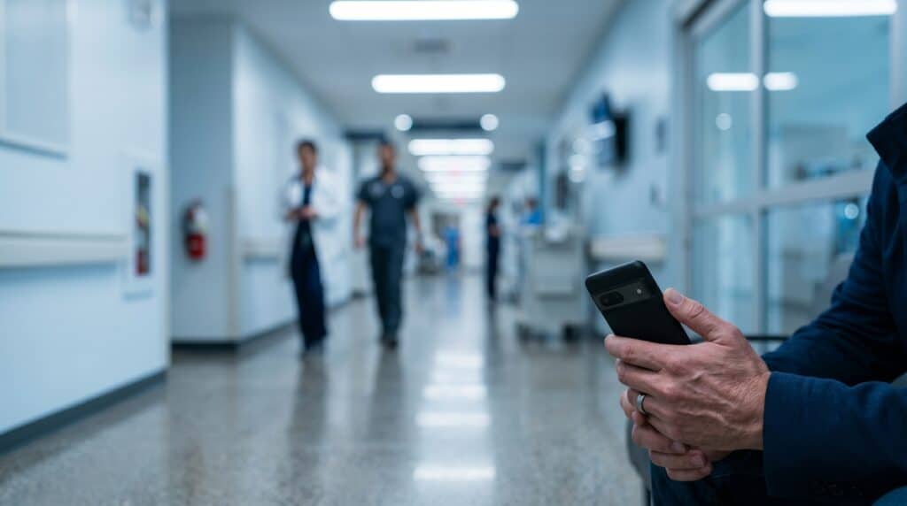 Pessoa usando celular no hospital, aguardando decisão sobre cirurgia urgente negada.