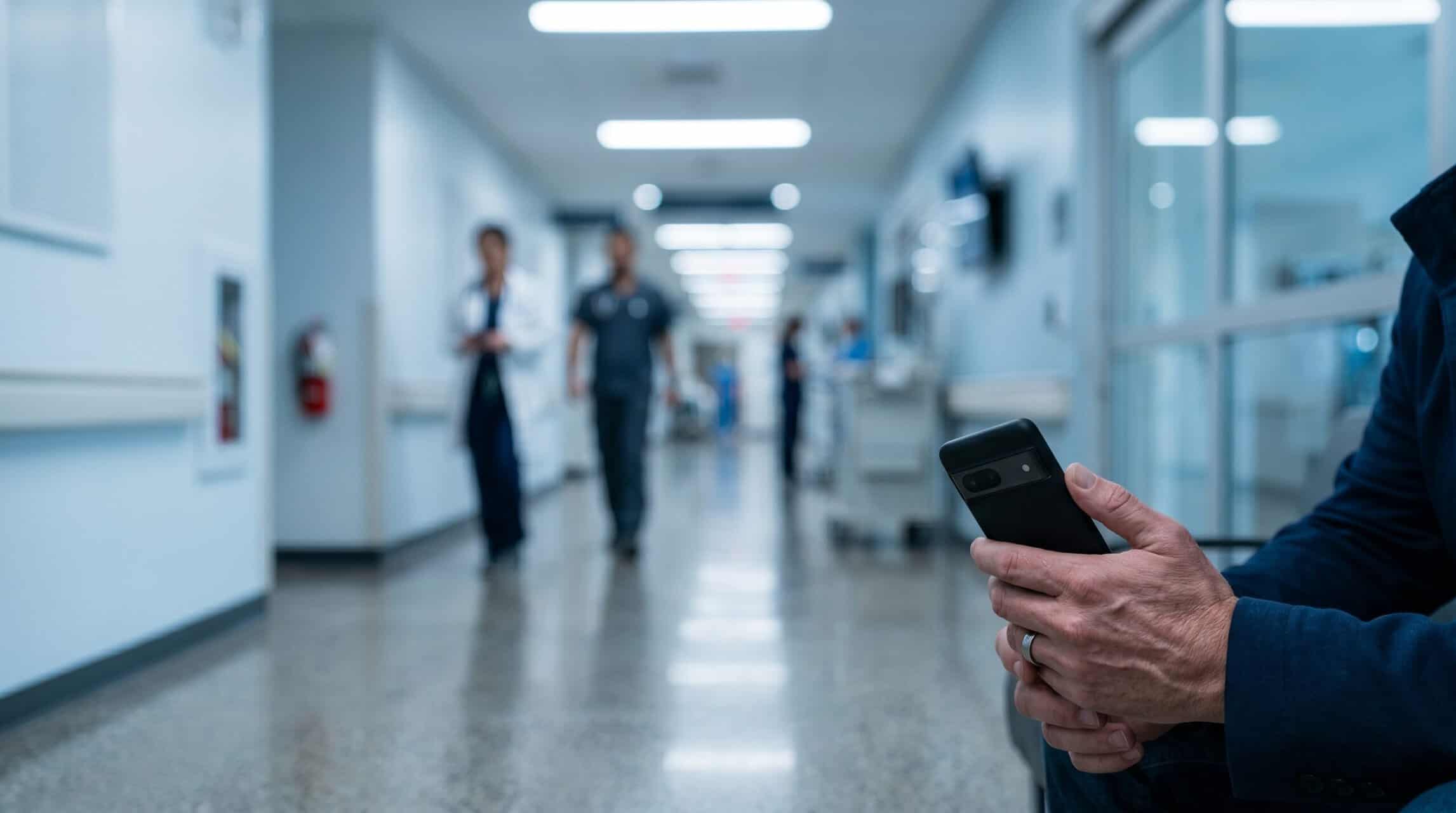 Pessoa usando celular no hospital, aguardando decisão sobre cirurgia urgente negada.