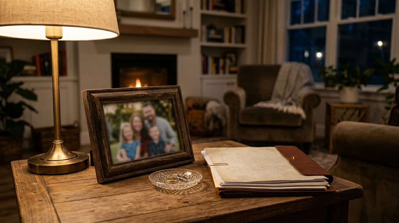 Imagem de uma sala de estar com uma mesa de madeira, foto de família, livros e uma luminária.