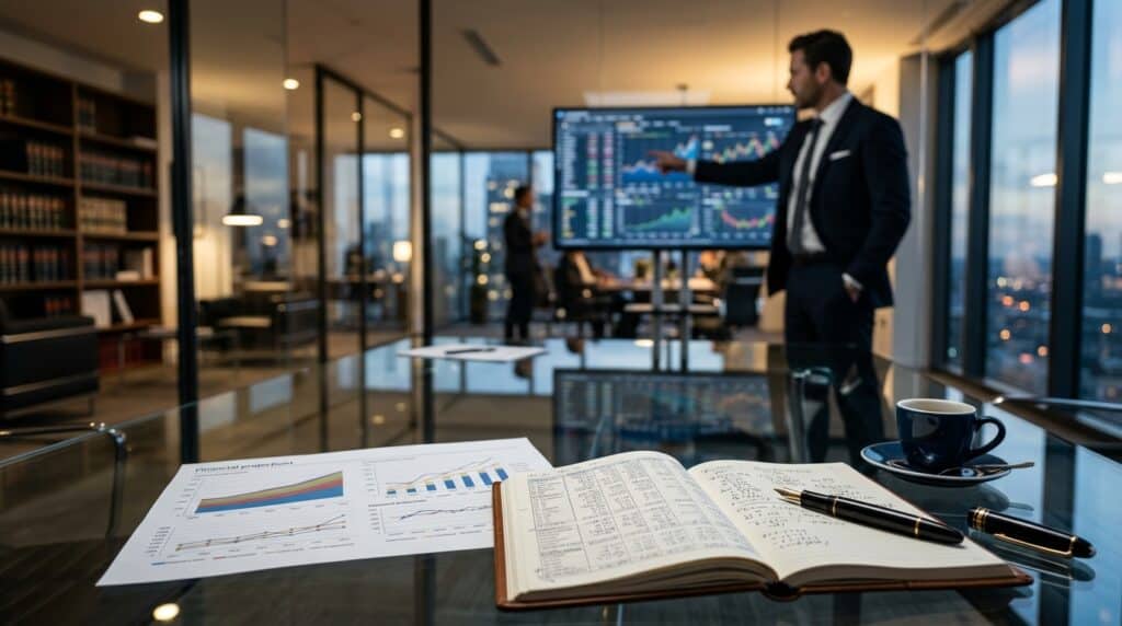Imagem de profissionais analisando dados financeiros em escritório moderno.
