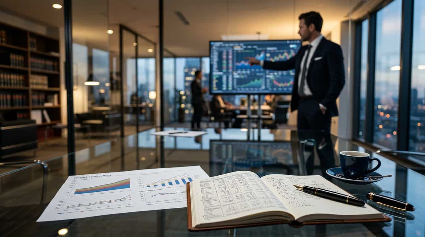 Imagem de profissionais analisando dados financeiros em escritório moderno.