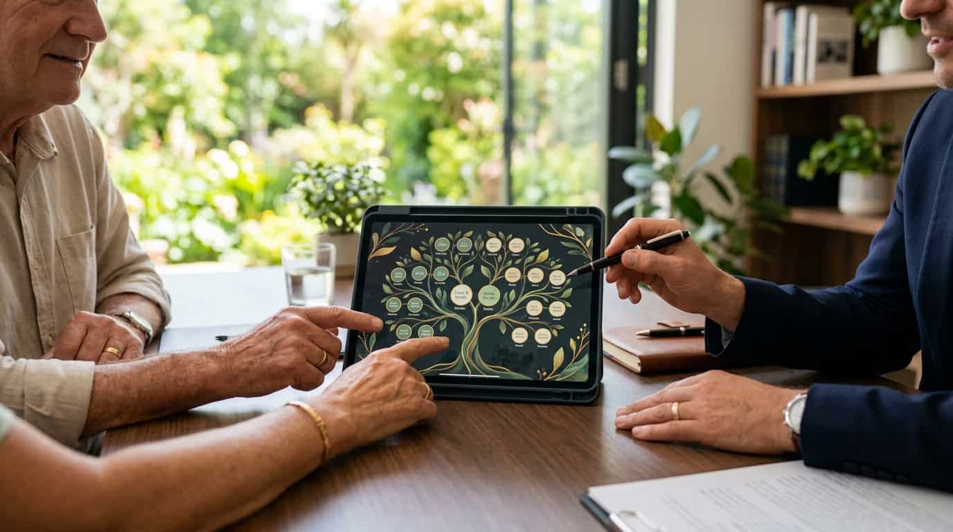 Planejamento Patrimonial com Ozon & Tommasi Consultores discutem planejamento sucessório usando tablet em escritório moderno.