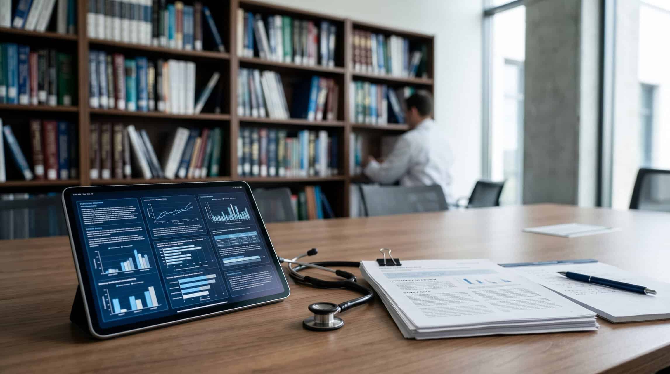 Profissional analisando dados de saúde com tablet e livros na biblioteca.