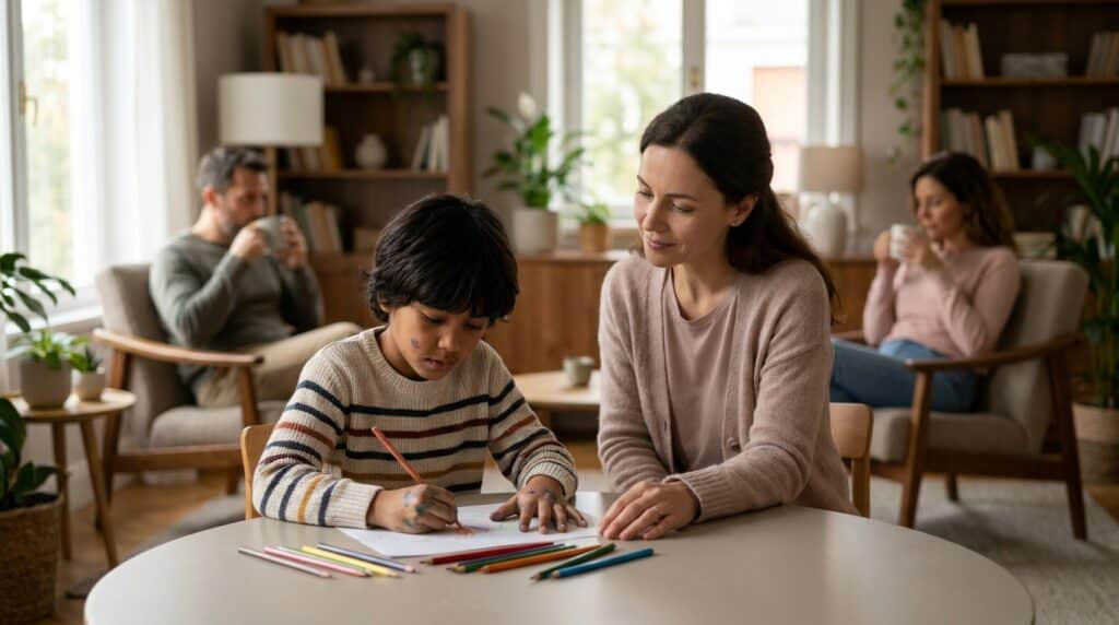 Mãe apoiando criança na mesa com desenhos e lápis.