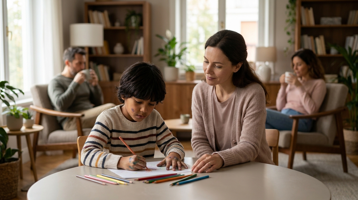 Mãe apoiando criança na mesa com desenhos e lápis.