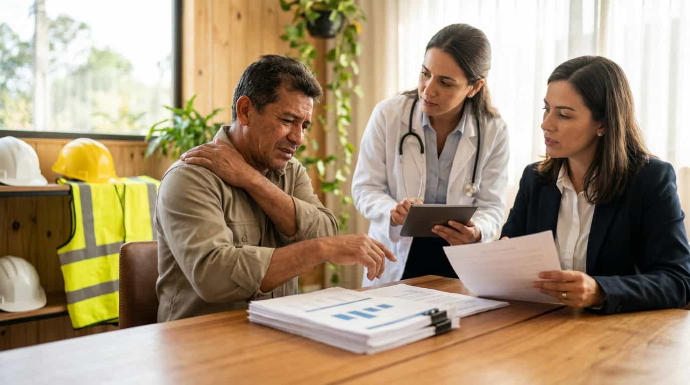 Paciente em consulta com duas profissionais de saúde sobre benefício do INSS.