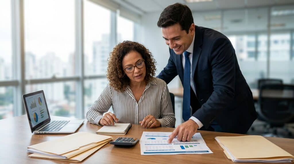 Homem e mulher revisando documentos financeiros em escritório moderno.