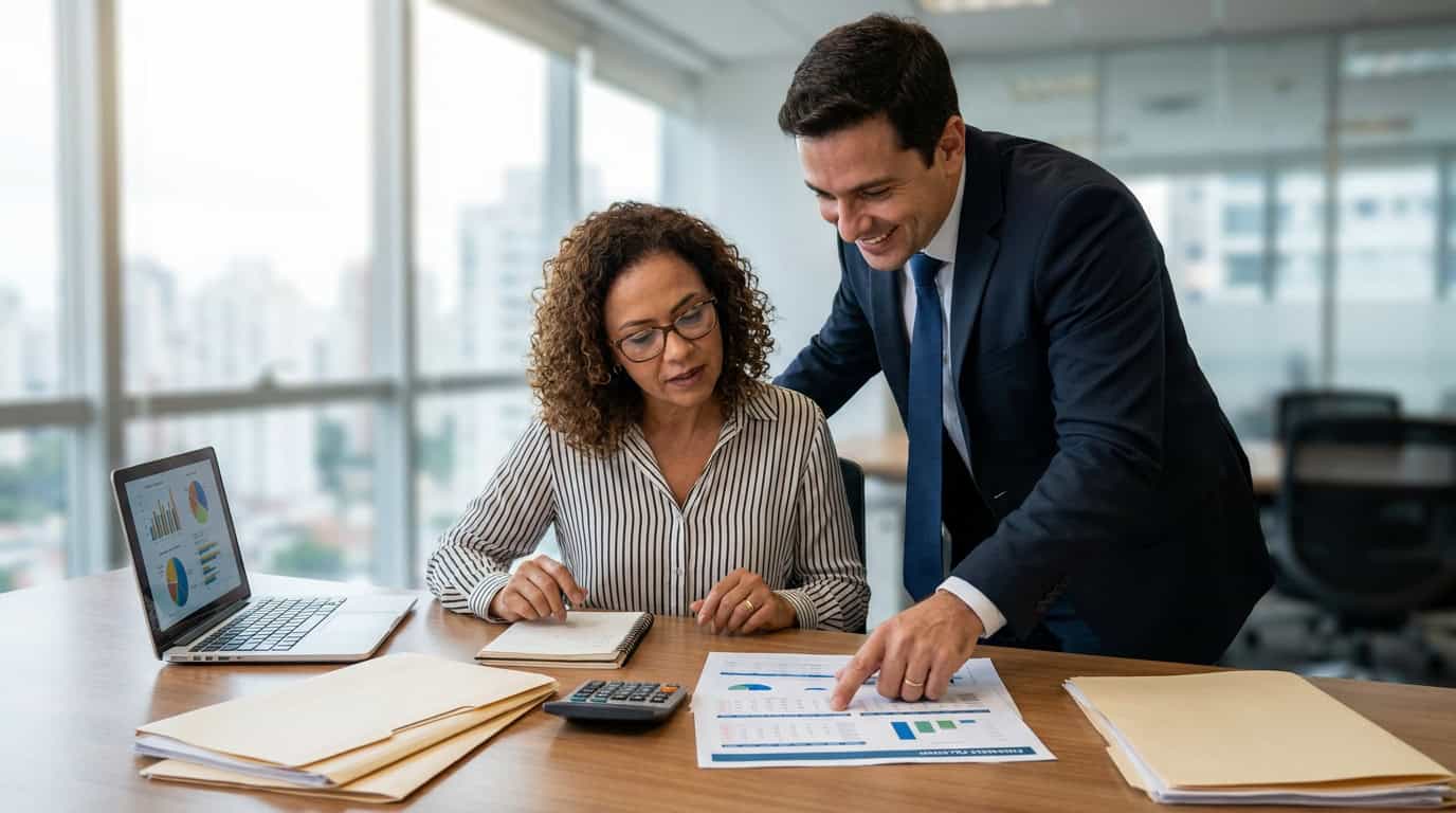 Homem e mulher revisando documentos financeiros em escritório moderno.