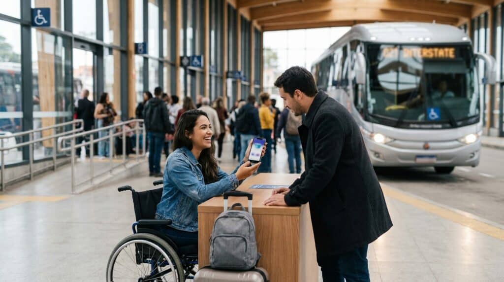 Pessoa em cadeira de rodas usando aplicativo de transporte com atendente.