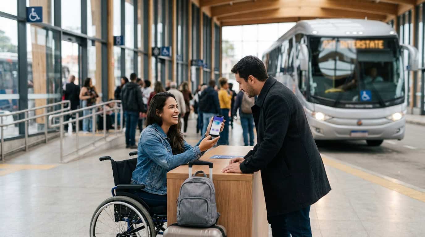 Pessoa em cadeira de rodas usando aplicativo de transporte com atendente.