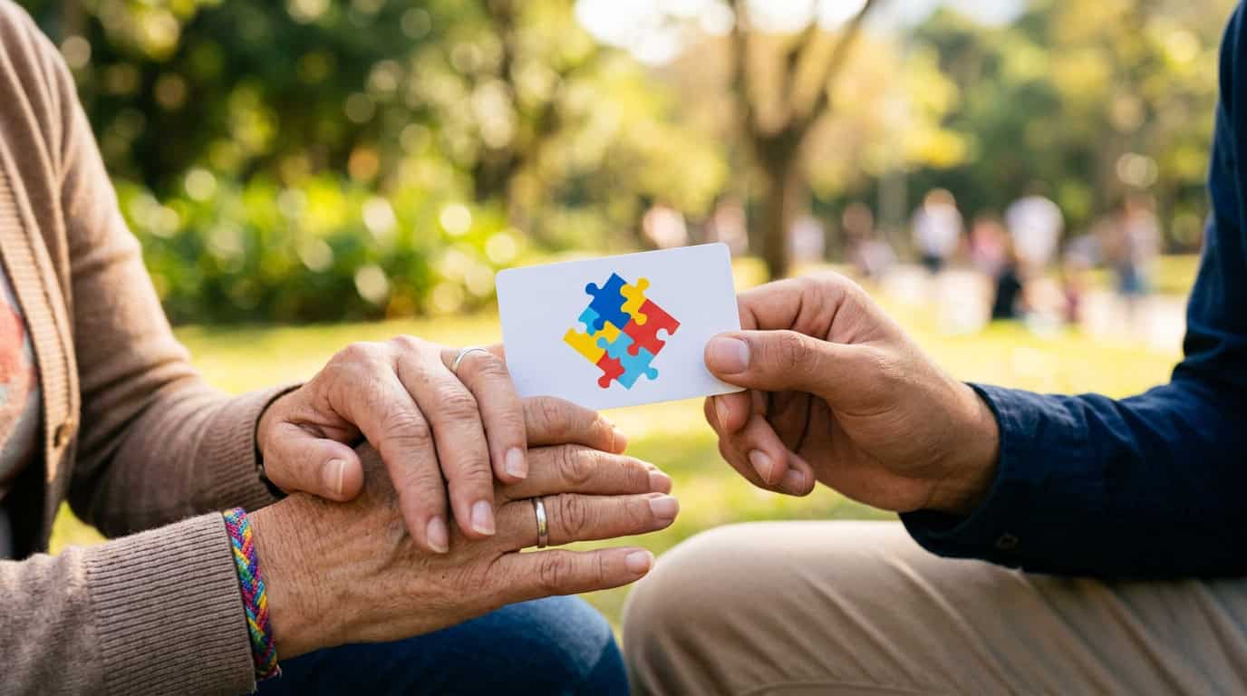 Pessoa entregando cartão com quebra-cabeça colorido, símbolo do autismo.