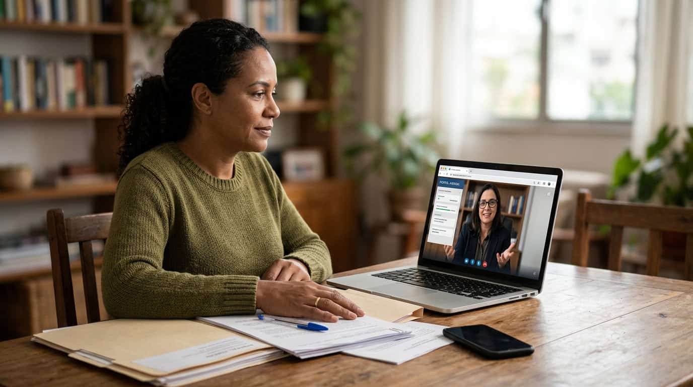 Mulher realizando consulta de precatório via laptop em casa.