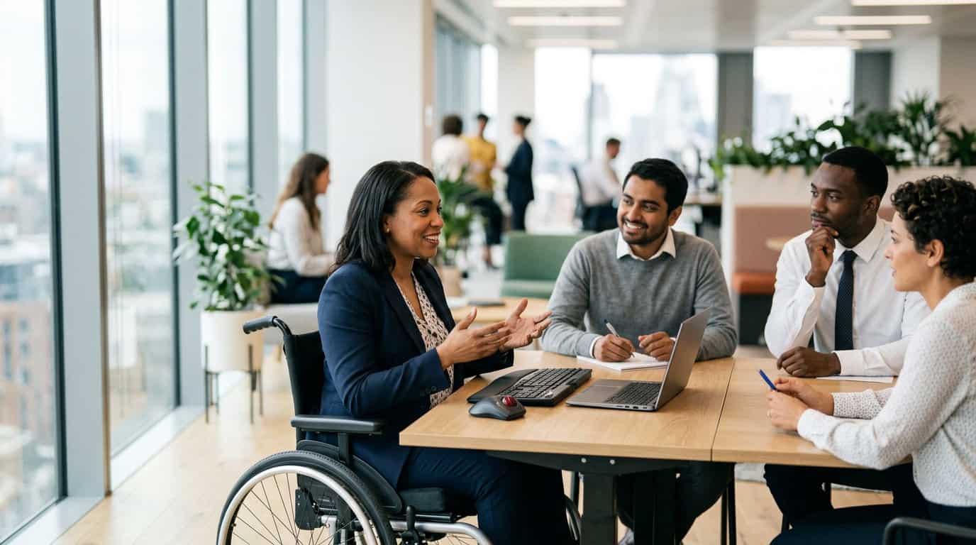 Pessoa com deficiência em reunião de trabalho inclusiva.