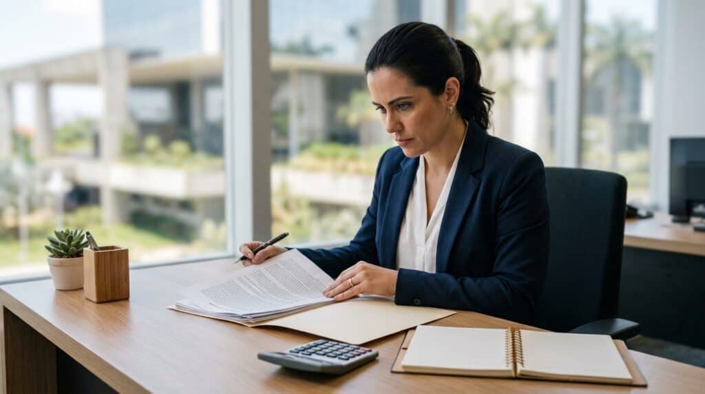 Mulher analisando documentos financeiros em escritório moderno.