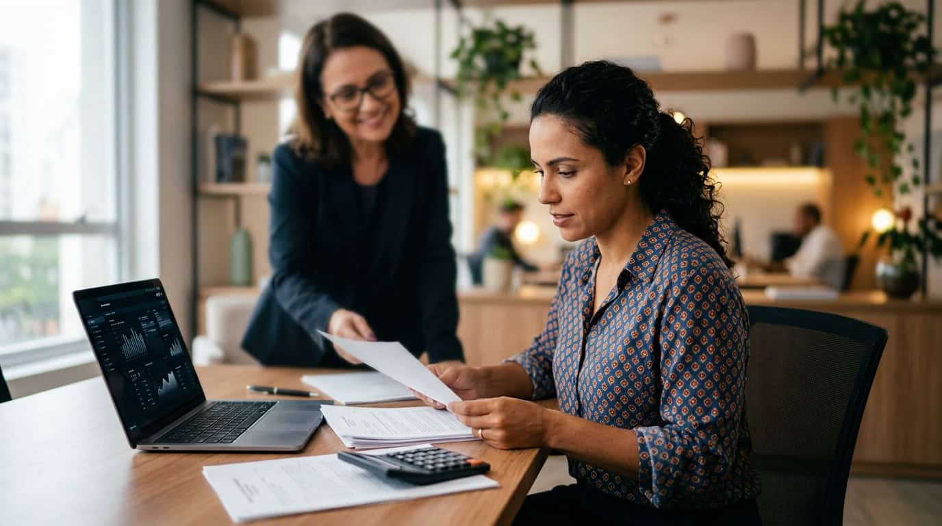Duas mulheres discutindo documentos em escritório de advocacia.