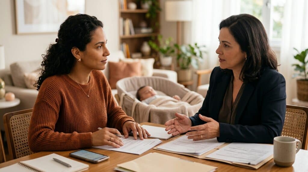 Duas mulheres em consulta de terapia, conversando atentamente.